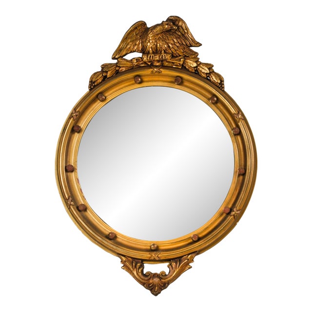 Large Antique Federal Eagle Convex Mirror Giltwood Bullseye Butler Mirror Circa 1920s For Sale
