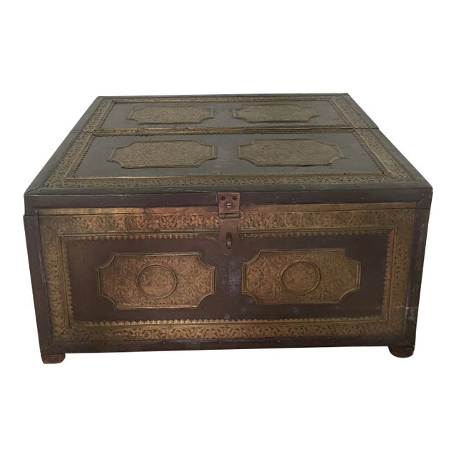 Antique Anglo Indian Brass Engraved Chest For Sale