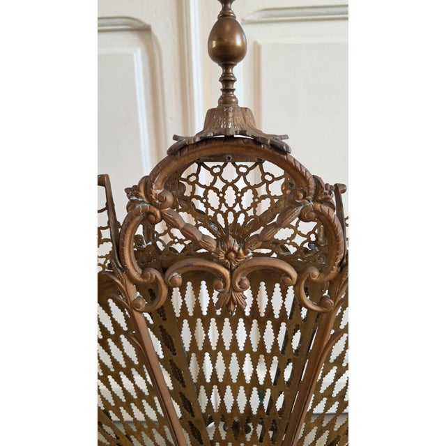 Antique Victorian Brass Fireplace Screen Ornate Folding Fan Peacock Fire Guard Hearth Screen Art Nouveau Home Decor For Sale - Image 9 of 15