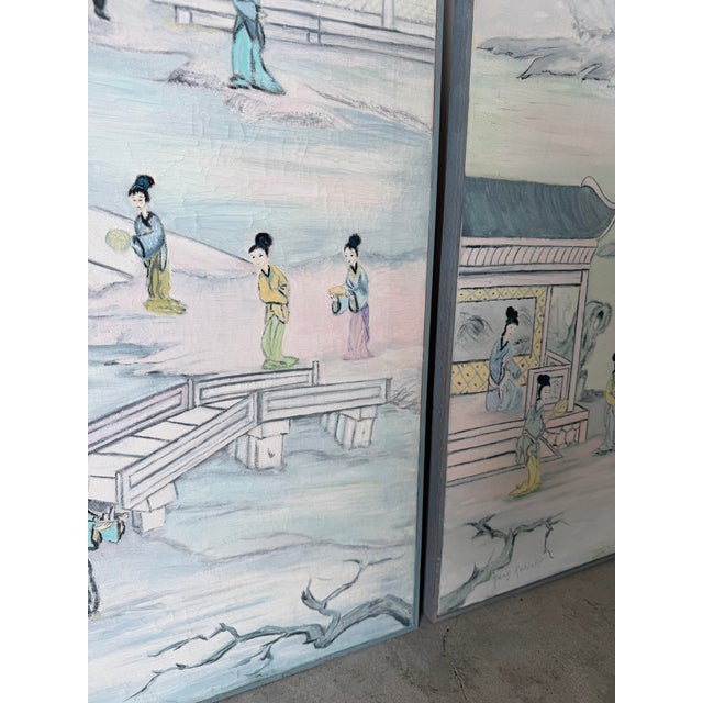 Textile 1970’s Mary Rohloff Figurative Asian Landscape Scene Acrylic on Canvas Paintings – A Pair For Sale - Image 7 of 12