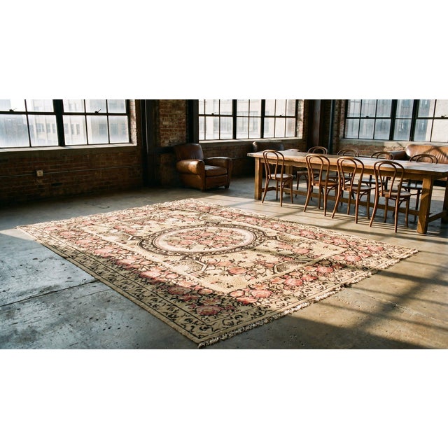 1850s Ivory Pink Antique Besserabian Kilim Flatweave Carpet Floral Medallion Rug For Sale - Image 13 of 15