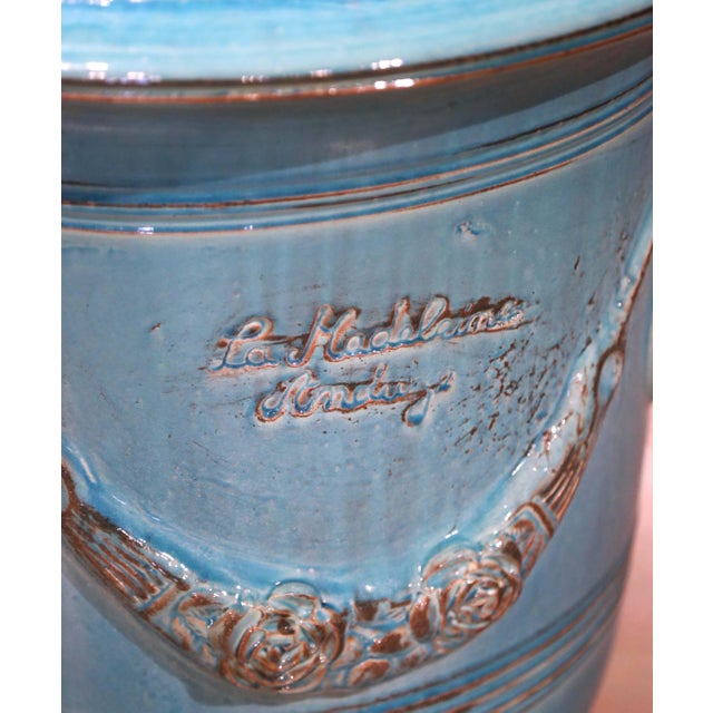 Ceramic Pair of French Turquoise Glazed Terracotta Planters by La Madeleine in Anduze For Sale - Image 7 of 12