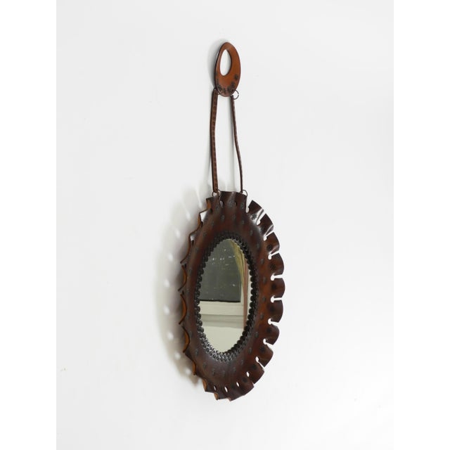 Round Wall Mirror with Leather Frame and Strap, 1960s For Sale - Image 4 of 17