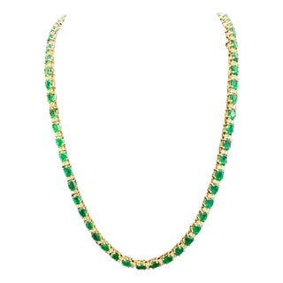 30 Carat Oval Brazilian Emerald & 3 Carat Diamond Tennis Necklace 14 Karat Gold For Sale