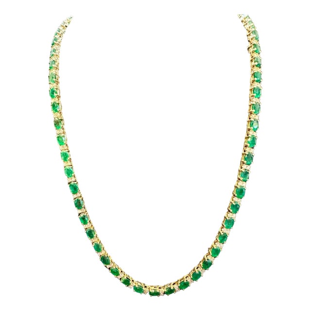 30 Carat Oval Brazilian Emerald & 3 Carat Diamond Tennis Necklace 14 Karat Gold For Sale