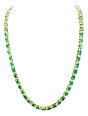 30 Carat Oval Brazilian Emerald & 3 Carat Diamond Tennis Necklace 14 Karat Gold