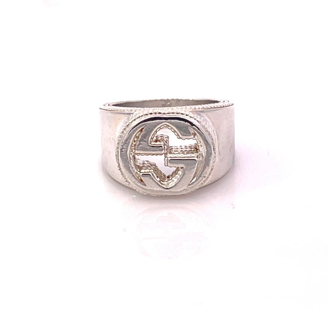 Authentic Gucci Estate Sterling Silver Ring Size 8.5, 15 mm Height 17.9 Grams G45 This elegant Authentic Gucci ring is...