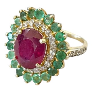 Bochic “Orient” Vintage Emerald, Ruby & Diamond Ring Set In 18K Gold & Silver For Sale