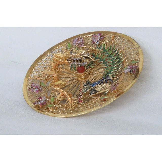 Gold Chinese Gold Filigree Gilt Enamel Dragon Phoenix 3d Decorative Plate For Sale - Image 8 of 12