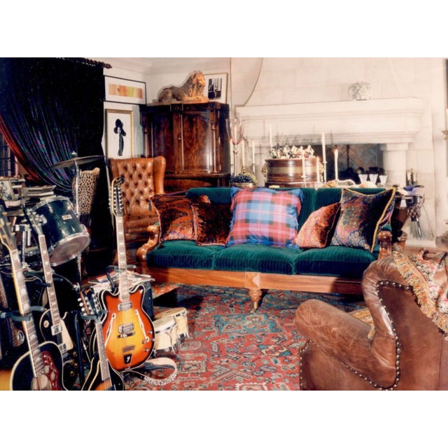 Iconic American Ralph Lauren oversized sofa with pinstripes on forest green velvet upholstery fabric, mahogany scroll...