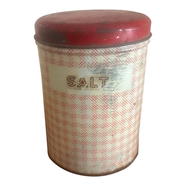 Vintage Farmhouse Style “Salt” Tin Canister With Red Lid For Sale