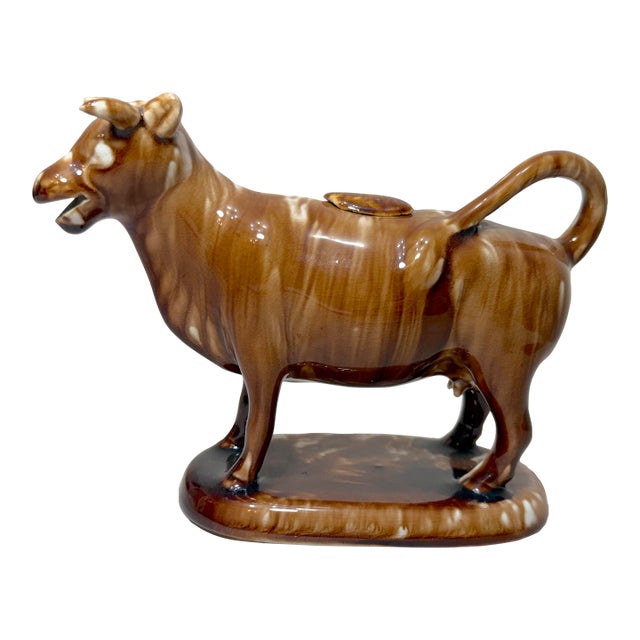 19th Century Rare Early Antique Staffordshire Pottery Brown Drip Glaze Cow Creamer Sculpture For Sale