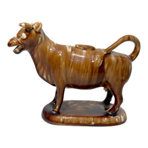 19th Century Rare Early Antique Staffordshire Pottery Brown Drip Glaze Cow Creamer Sculpture