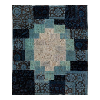 8 X 9 Modern Handcrafted Blue Wool Rug With Allover Patchwork Design For Sale