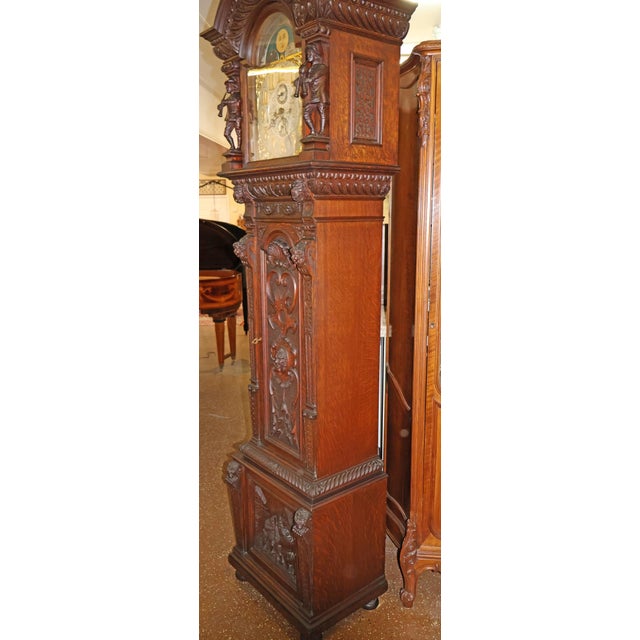 Traditional ​​19th Century Tiger Oak Figural Carved Tall Case Grandfather Clock W&h Movement For Sale - Image 3 of 17