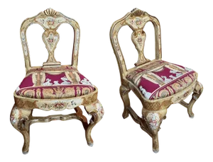 Venetian Lacquered Rococo-Style Armchairs with Hand-Painted Floral Décor and Theater-Inspired Upholstery, Set of 2