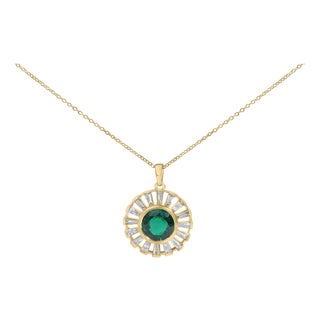 14K Yellow Gold Plated Sterling Silver Lab Grown Emerald and Baguette Diamond Sunburst Medallion Pendant Necklace For Sale