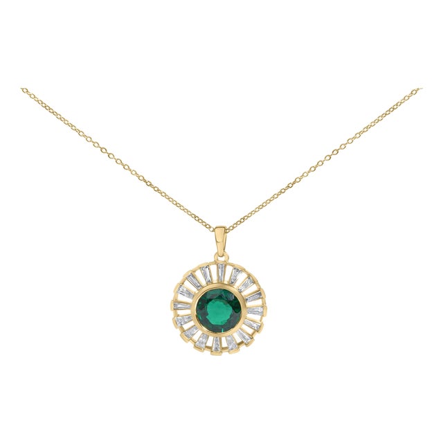 14K Yellow Gold Plated Sterling Silver Lab Grown Emerald and Baguette Diamond Sunburst Medallion Pendant Necklace For Sale