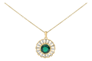 14K Yellow Gold Plated Sterling Silver Lab Grown Emerald and Baguette Diamond Sunburst Medallion Pendant Necklace