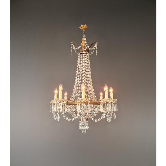 1930s Empire Brass Chandelier Crystal Lustre Ceiling Light Antique Classical For Sale - Image 9 of 9