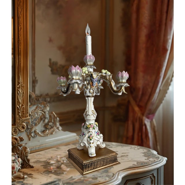 Metal MId-Century Dresden Porcelain Floral Fruit Candelabra Table Lamp For Sale - Image 7 of 15
