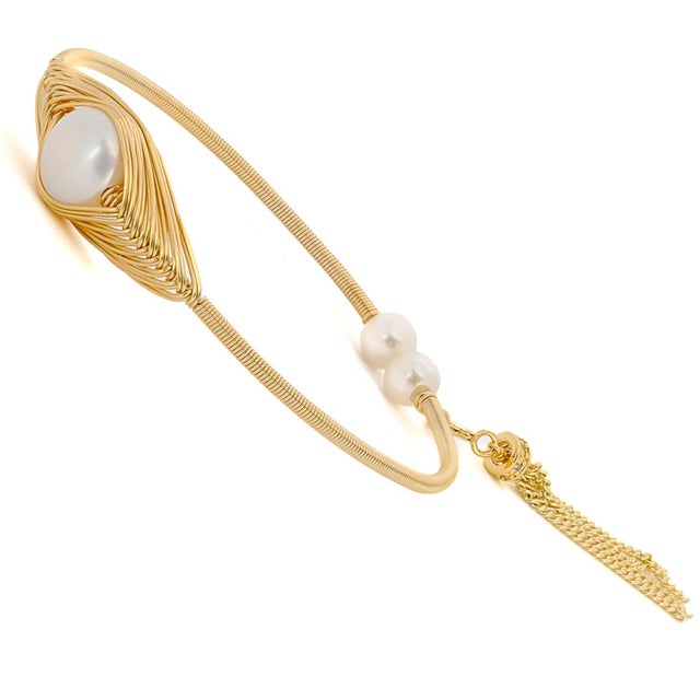 Metal Cleopatra Gold & Pearl Tassel Cuff Bracelet For Sale - Image 7 of 9