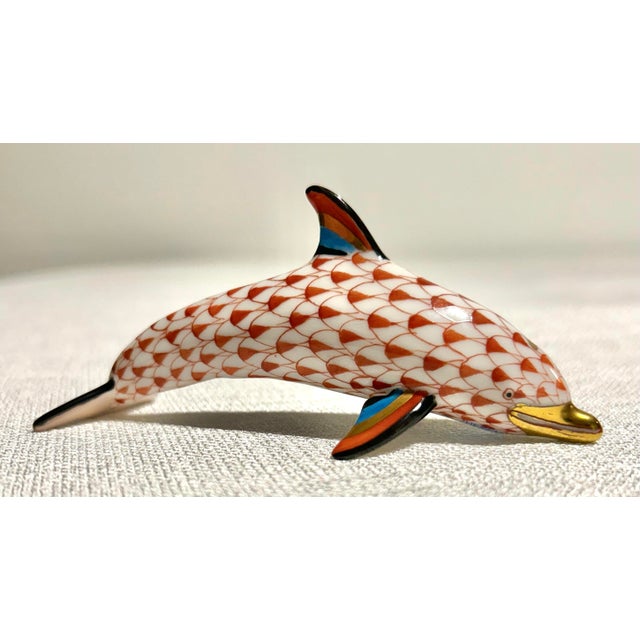 Mid 20th Century MCM Herend Hand Painted Fishnet Hungarian Porcelain With 24k Gold Accents Dolphin For Sale - Image 5 of 6
