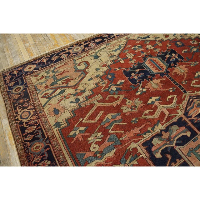 1880s Square Antique Red Geometric Anchor Medallion Persian Serapi Rug For Sale - Image 9 of 9