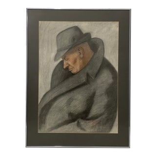 Vintage Charcoal Portrait of a Sleeping Man in an Overcoat C.1940 For Sale