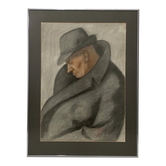 Vintage Charcoal Portrait of a Sleeping Man in an Overcoat C.1940 For Sale