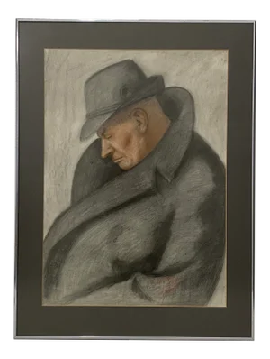Vintage Charcoal Portrait of a Sleeping Man in an Overcoat C.1940