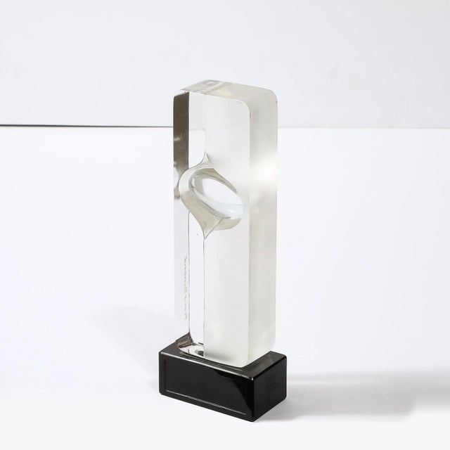 Transparent Mid-Century Totem Form Sculpture in Glass W/ Lacquered Base Signed Pierre Dinand For Sale - Image 8 of 12