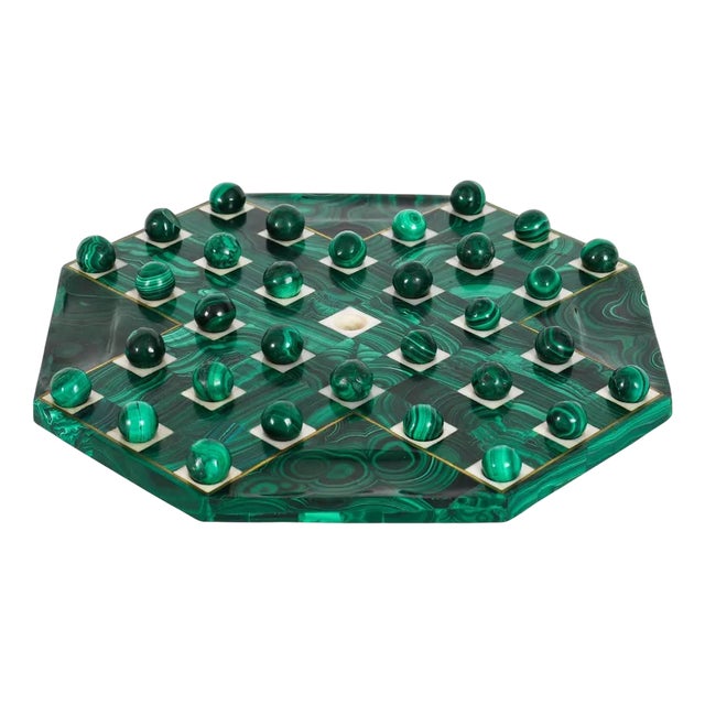 Art Deco Malachite Solitaire Board and Marbles, 1930s, Set of 33 For Sale