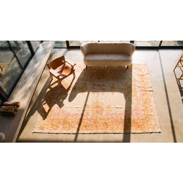 Stunning Ivory Field Color Intricate Geometric Design Antique Oushak Turkish Rug For Sale - Image 15 of 15