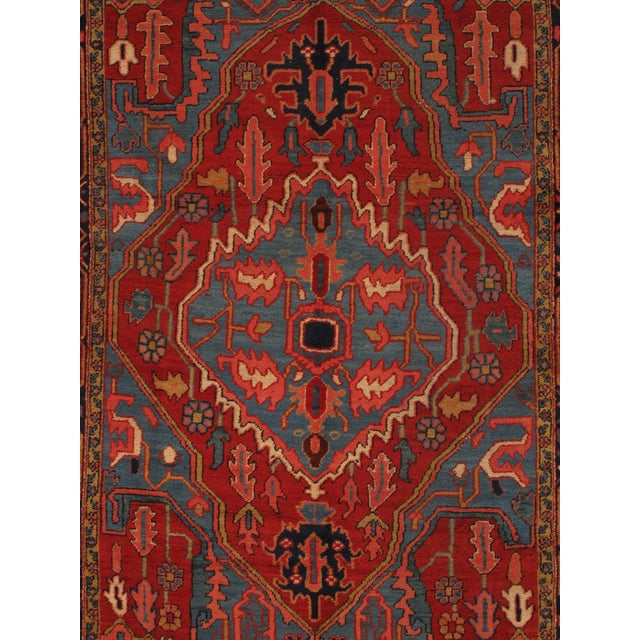 Textile Antique Persian Serapi Carpet Handmade Wool Oriental Rug, Red, Ivory, Light Blue For Sale - Image 7 of 12