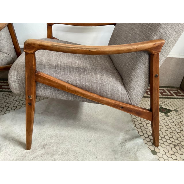Wood Pair of MCM French Upholstered Wooden Armchairs For Sale - Image 7 of 11