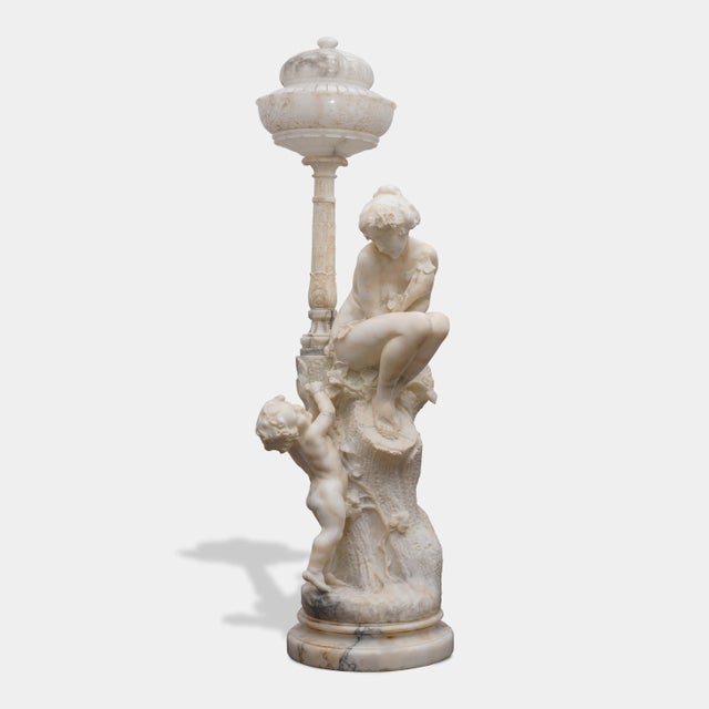 Art Nouveau Pair of Monumental Antique Italian Carved Alabaster Venus & Cupid Figural Torchiere Lamps on Black Marble Pedestals For Sale - Image 3 of 12