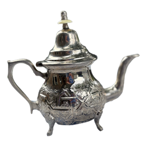 1950s Handcrafted Moroccan Teapot With Stunning Ornate Detailing: Includes Double Handle Silver Plate Tray