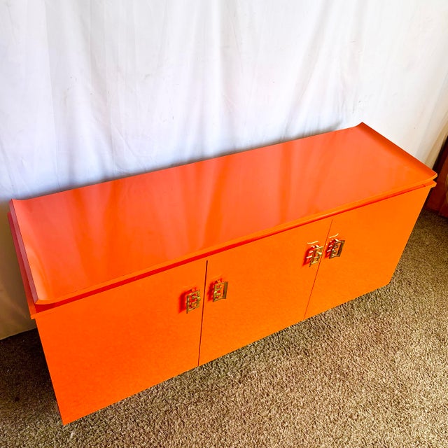 Paper 1980s Postmodern Chinoiserie Orange Lacquer Laminate Credenza For Sale - Image 7 of 9
