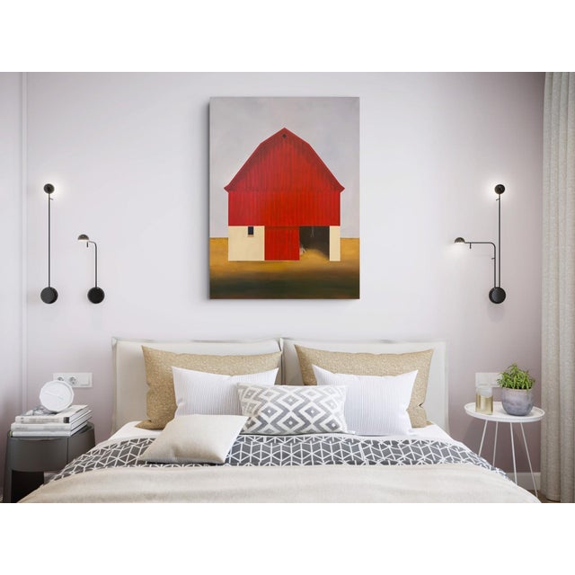 Textile Old Red by Justin Wheatley | Acrylic on Canvas Red Barn With Ochre Field For Sale - Image 7 of 10
