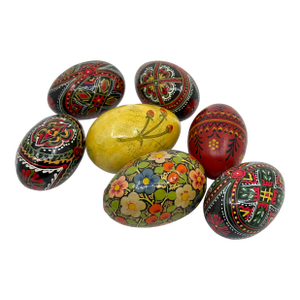 Vintage Folk Art Hand Painted Wooden Easter Eggs- A Set of 7