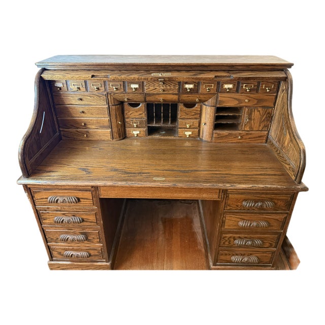Late 20th Century Oak Rolltop Desk (Oak Crest) With Oak Chair For Sale