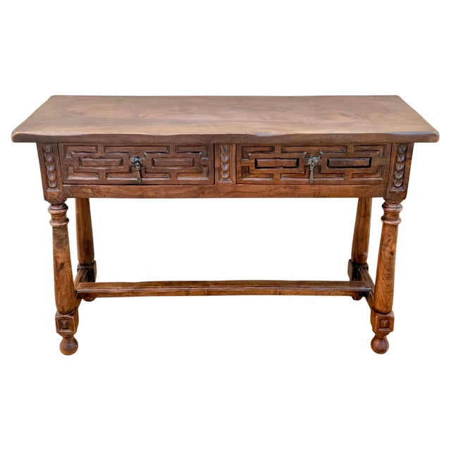 Spanish Walnut Console Table With Geometric Carved Drawers For Sale - Image 6 of 13