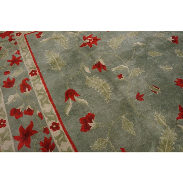Awesome Green Ground Color With Striking Red Flowers in a Floral Design Antique Chinese Art Deco Rug For Sale - Image 9 of 12