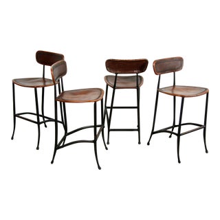 Vintage Distressed Brown Leather & Cast Iron Counter Height Bar Stools - Set of 4 For Sale