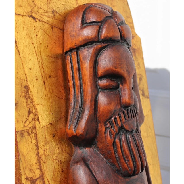 1960s Jaru California 36" Wall Art Wood Carved Figures Gold Plaques For Sale - Image 15 of 17