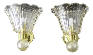 Trumpet-Shaped Gilded Murano Glass Polugoso Wall Sconces, 1990s, Set of 2