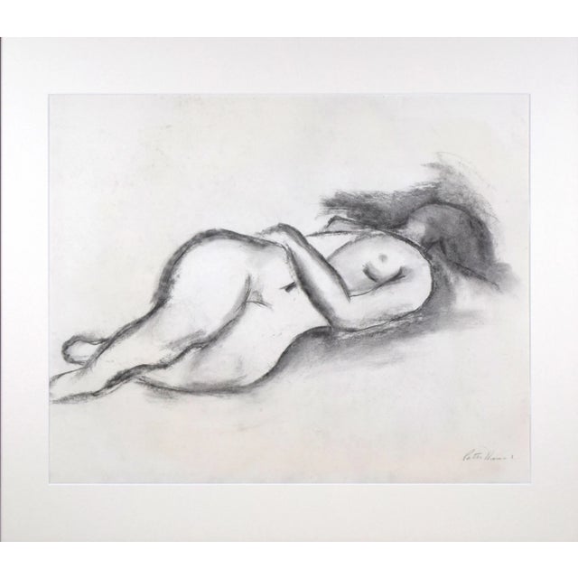 Vintage modernist nude figure drawing- Charcoal on paper, presented in cream colored matting and a gilt wood frame. Signed...