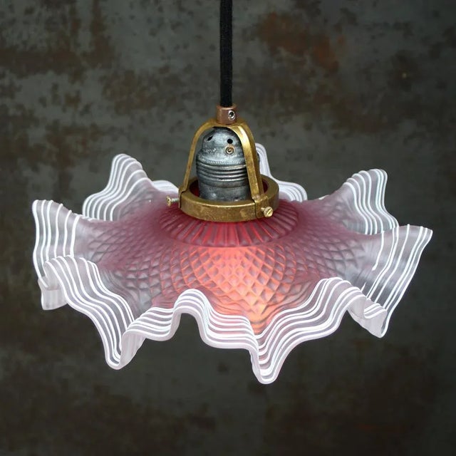 1920s Art Nouveau French Pink Frosted Glass Pendant Light, 1920s For Sale - Image 5 of 6
