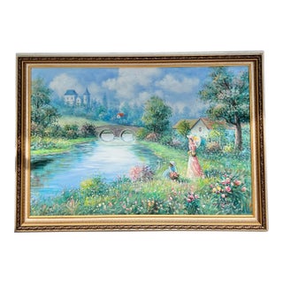 Mid 20th Century Large Original Oil Painting Garden Landscape With Bridge Signed W Hodges For Sale